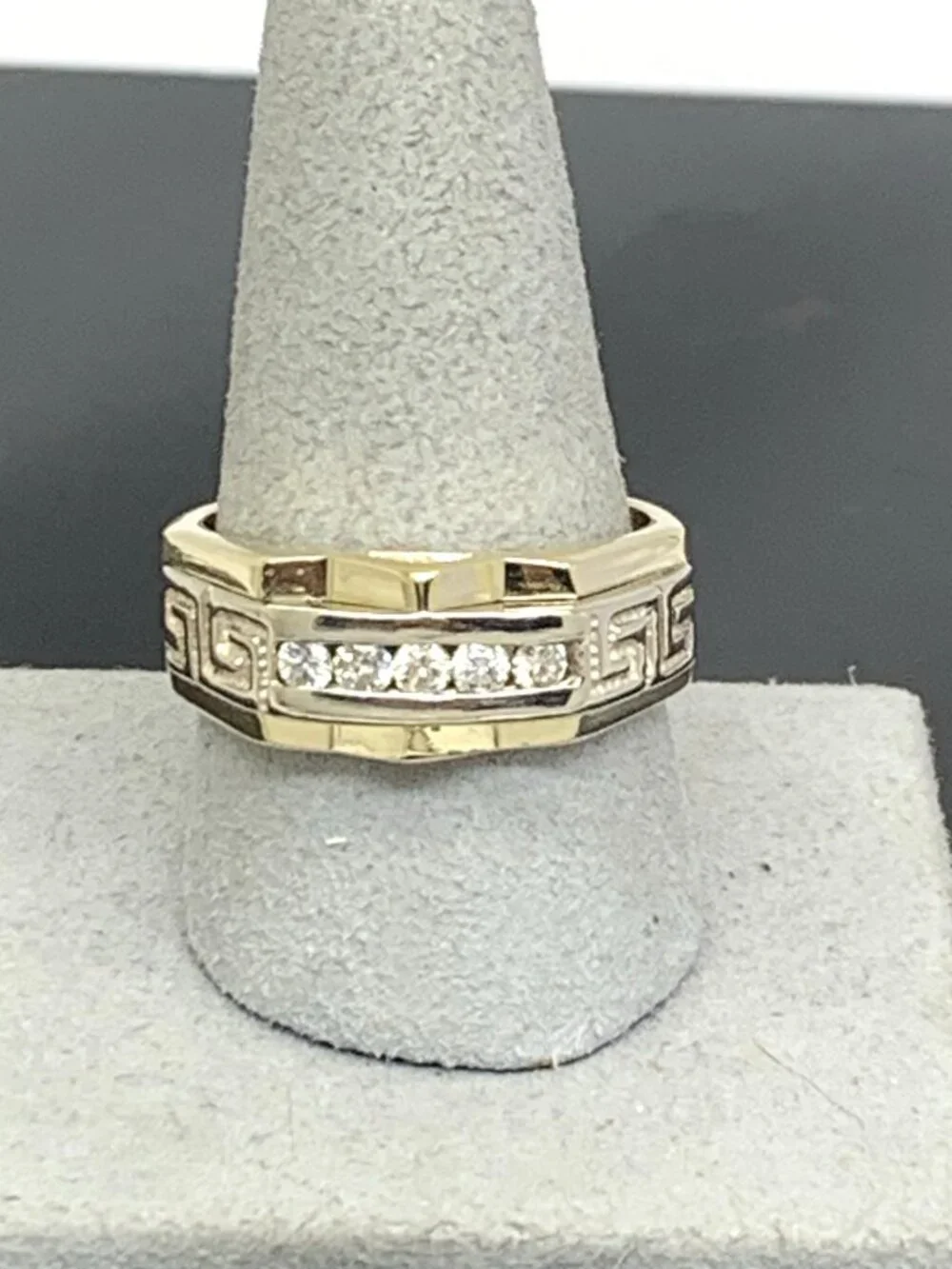 Men's Ring 14k Yellow Gold Diamond 0.25ctw Statement Greek Key Pattern Size 11.5